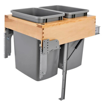 Rev-A-Shelf 4WCTM 18-1/4" Maple 2-35 Quart Top-Mount Waste Pullout with Silver Bins and Soft-Close Slides, 4WCTM-RM-2135DM-2, 18 1/4"W x 21 3/4"D x 21"H | 4WCTMRM2135DM2