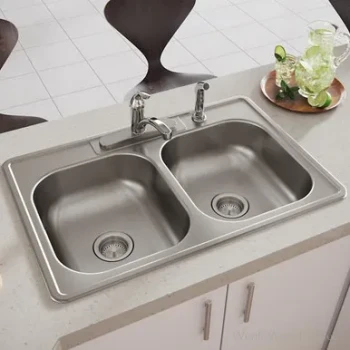 Stainless Steel 33" x 22" x 6-9/16" 4-Hole Equal Double Bowl Drop-in Sink, 33" X 22" X 6.5625" | D233224