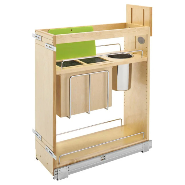 Rev-A-Shelf 448KB Maple 8-3/4" 1-Bin 2-Shelf Base Cabinet Organizer with Knife Block and Utensil Bin with Soft-Close Slides, 448KB-BCSC-8C, 8", 8" (203 mm) W x 21-5/8" (549 mm) D x 25-1/2" (648 | 448KBBCSC8C