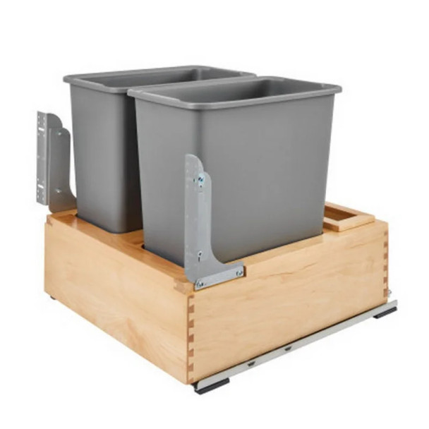 Rev-A-Shelf 4WC 20-31/32" Maple Bottom Mount Waste Pullout with 2-30 Quart White Bins Soft-Close, 4WC-24DM2-SC, 21"W x21 7/8"D x 19 5/8" H | 4WC24DM2SC