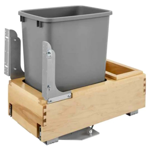 Rev-A-Shelf 4WCBM 12" Maple Bottom Mount Waste Pullout with 1-35 Quart Silver metallic Bin Soft-Close/Soft-Open, 4WCBM-15DM-1, 35QT, 12"W x 21 3/4" D x 19 1/4"H | 4WCBM15DM1