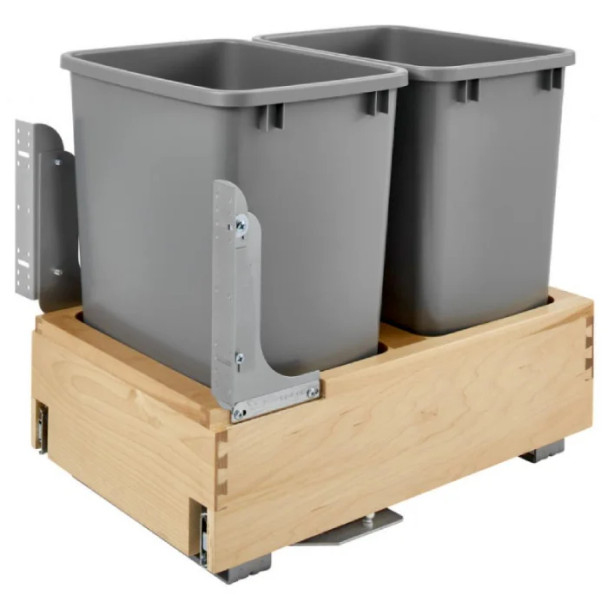 Rev-A-Shelf 4WCBM 14-1/4" Maple Bottom Mount Waste Pullout with 2-35 Quart Silver metallic Bins Soft-Close/Soft-Open, 4WCBM-18DM-2, 35QT, 14 1/4"W x 21 3/4"D x 19 1/4"H | 4WCBM18DM2