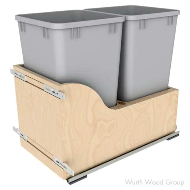 Rev-A-Shelf 4WCSC 12" Maple Bottom Mount Waste Pullout with 2-27 Quart Silver metallic Bins Soft-Close, 4WCSC-1527DM-2, 27QT | 4WCSC1527DM2