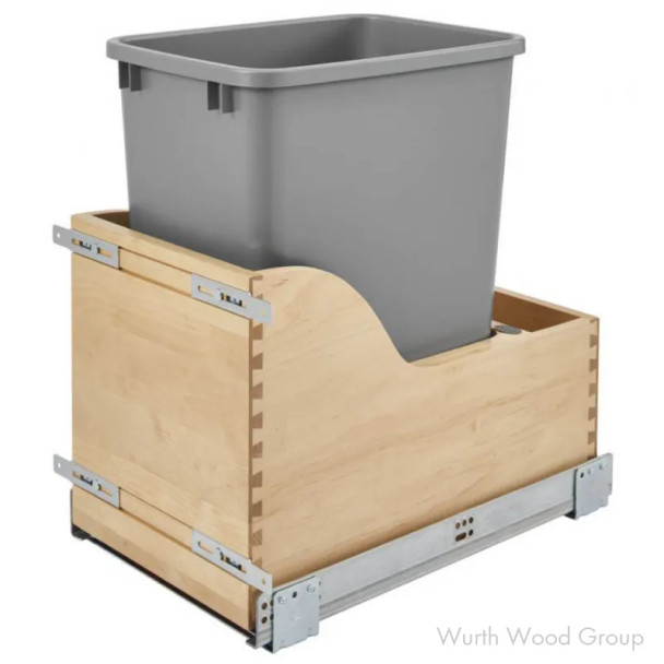 Rev-A-Shelf 4WCSC 12" Maple Bottom Mount Waste Pullout with 1-32 Quart Grey Bin Soft-Close, 4WCSC-1532DM16-1, SINGLE 32QT | 4WCSC1532DM161