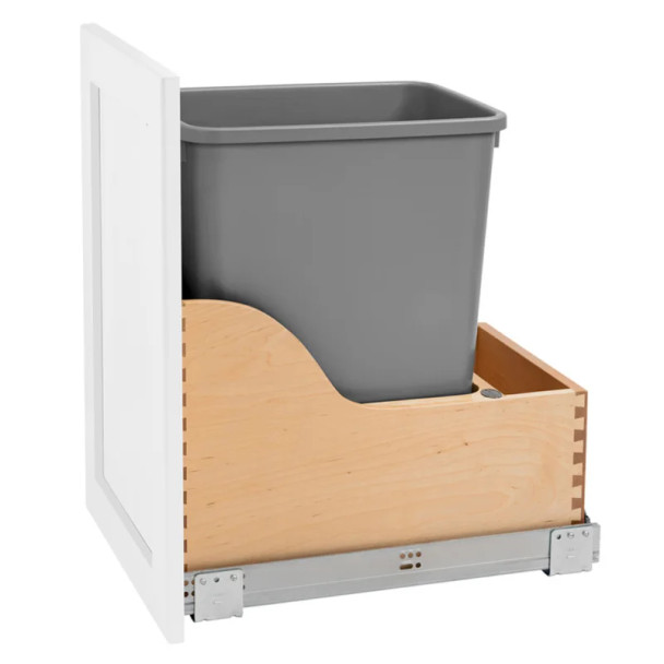 Rev-A-Shelf 4WCSC 12" Maple Bottom Mount Waste Pullout with 1-35 Quart Silver metallic Bin Soft-Close, 4WCSC-1535DM19-1, 35 QT. Natural, 12"W x 18 5/8"D x 19 1/2"H | 4WCSC1535DM191