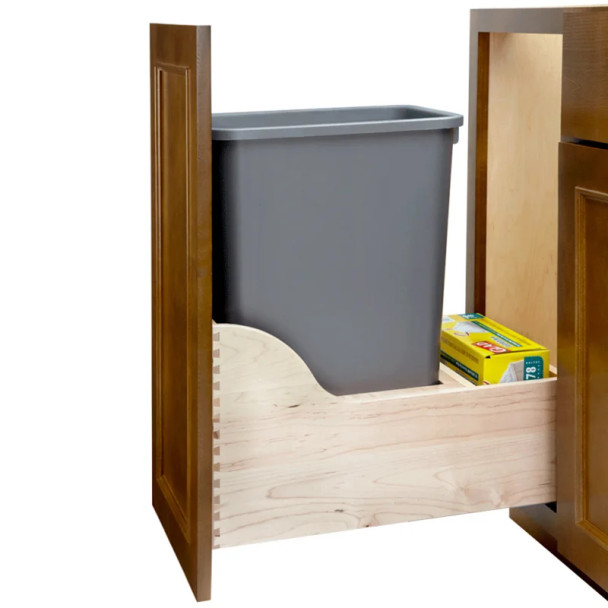 Rev-A-Shelf 4WCSC 12" Maple Bottom Mount Waste Pullout with 1-50 Quart Silver metallic Bin Soft-Close, 4WCSC-1550DM-1, 50QT, 12"W x 21 3/4"D x 23 3/8"H | 4WCSC1550DM1