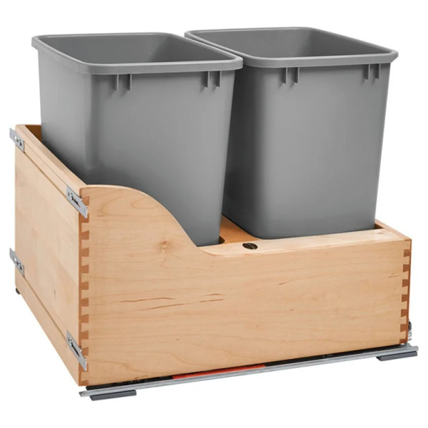Rev-A-Shelf 4WCSC 15" Maple Bottom Mount Waste Pullout with 2-35 Quart Silver metallic Bins Soft-Close, 4WCSC-1835DMND-2, 15"W x 21 3/4"D x 19 1/2"H | 4WCSC1835DMND2
