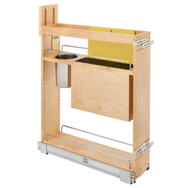 Rev-A-Shelf 448KB Maple 7-1/4" 1-Bin 2-Shelf Base Cabinet Organizer with Knife Block and Utensil Bin with Soft-Close Slides, 448KB-BCSC-6C, 6.5" | 448KBBCSC6C