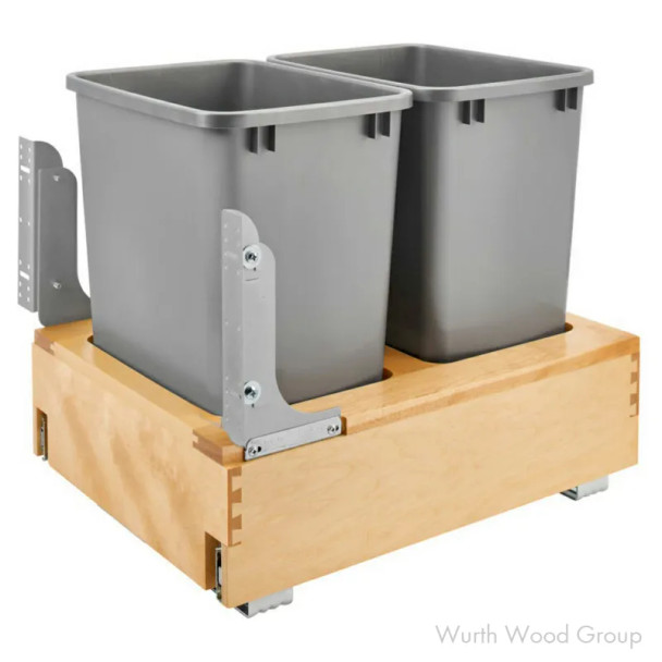 Rev-A-Shelf 4WCBM 17-1/4" Maple Bottom Mount Waste Pullout with 2-35 Quart Silver Bins Soft-Close/Soft-Open, 4WCBM-21DM-2, 21" CAB | 4WCBM21DM2