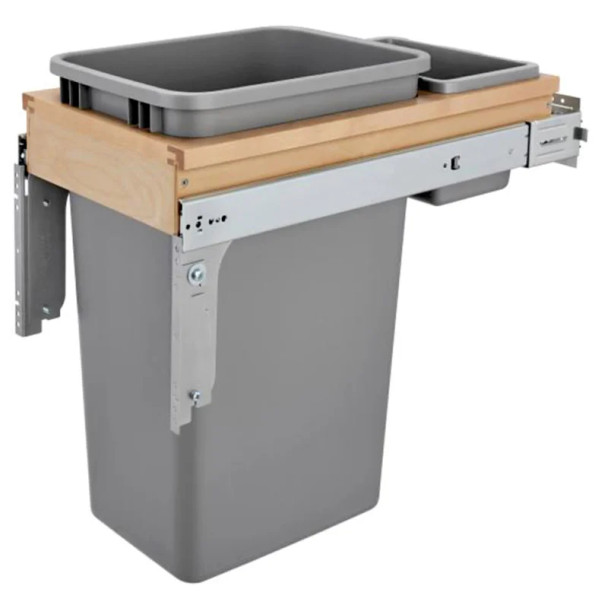 Rev-A-Shelf 4WCTM 12" Maple 1-50 Quart Top-Mount Waste Pullout with Silver Bin and Soft-Close Slides, 4WCTM-1550BBSCDM-1, 50 QT, 12" (305 mm) W x 23-1/4" (591 mm) D x 21-3/4" (553 mm) H | 4WCTM1550BBSCDM1