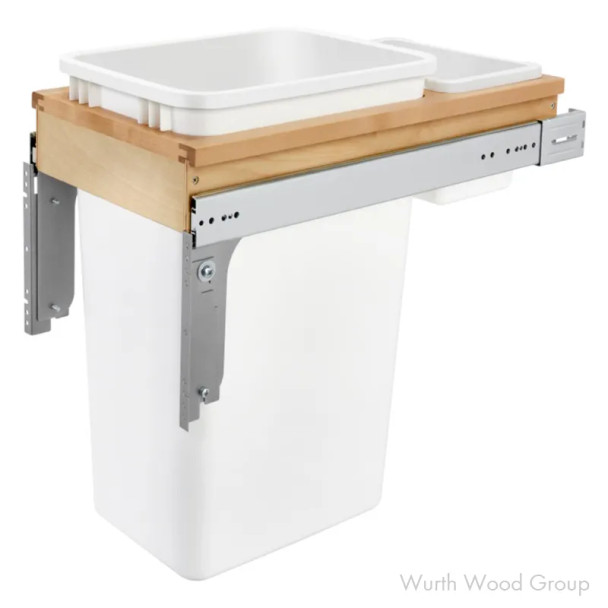 Rev-A-Shelf 4WCTM 12" Maple 1-50 Quart Top-Mount Waste Pullout with White Bin and Standard Slides, 4WCTM-1550DM-1, 50QT | 4WCTM1550DM1