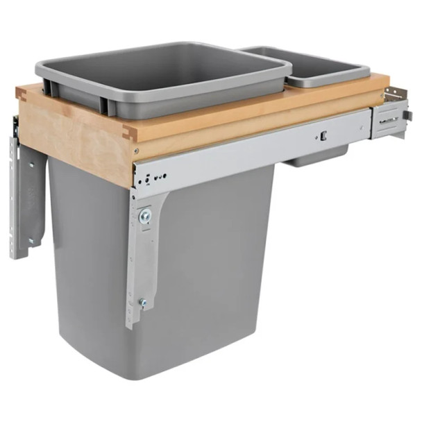 Rev-A-Shelf 4WCTM 12" Maple 1-35 Quart Top-Mount Waste Pullout with Silver Bin and Soft-Close Slides, 4WCTM-12BBSCDM1, 35 QT, 18" (457 mm) W x 23-1/4" (591 mm) D x 21-3/4" (553 mm) H | 4WCTM21BBSCDM2