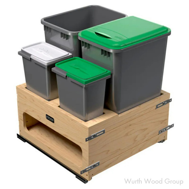 Rev-A-Shelf 4WCWM 20-31/32" Maple Bottom Mount Waste Pullout with 4-50 Quart Silver Bins Soft-Close, 4WCWM-2450DMSC-4, 24" CAB DBL 50QT | 4WCWM2450DMSC4