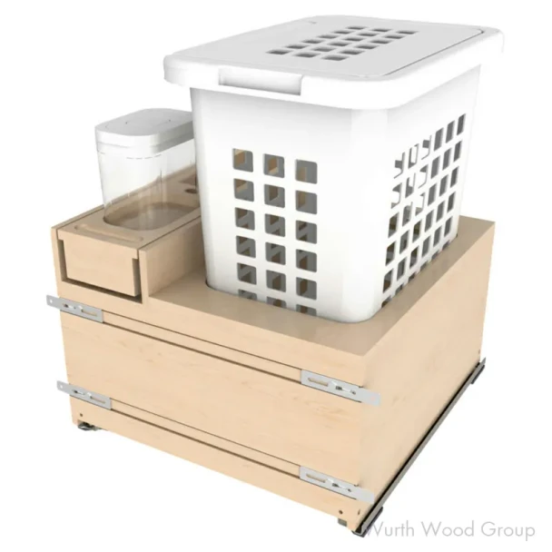 21" Wood Base Cabinet Bottom–Mount Hamper Pullout with Single 2.3bu Hamper/1.7 Qt Container/BLUM Soft–Close Slide, Clear Polyurethane, FULL HEIGHT | 4WHOX24FHDMSC1