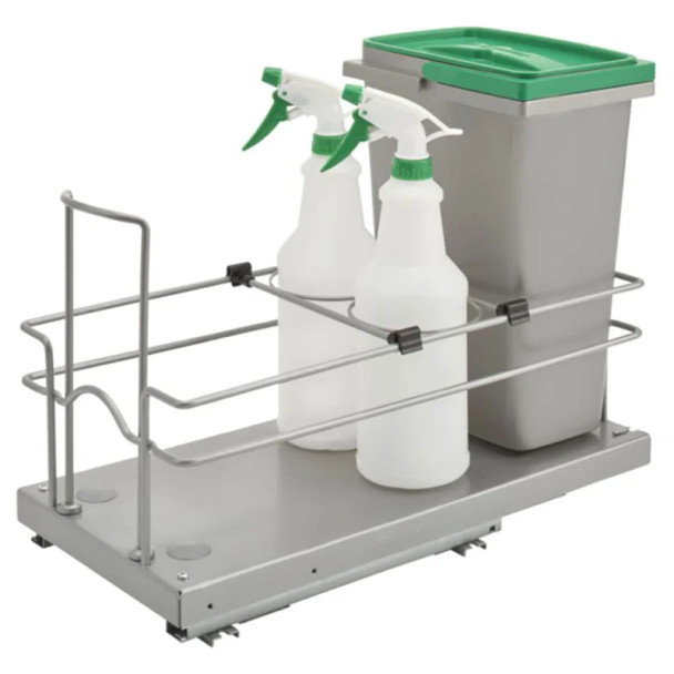 Rev-A-Shelf 5SBWCC 8-15/16" Metallic Silver Bottom Mount Waste Pullout with 1-8 Quart Silver metallic Bin Soft-Close, 5SBWCC-8S-1 | 5SBWCC8S1