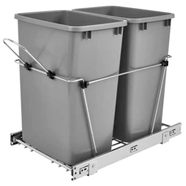 Rev-A-Shelf RV 14" Metallic Silver Bottom Mount Waste Pullout with 2-35 Quart Silver Bins Standard, RV-18KD-17C S, 14-3/8"X22X19, 14-3/8" (365mm) W x 22" (559mm) D x 19-1/4" (489mm) H | RV18KD17CS
