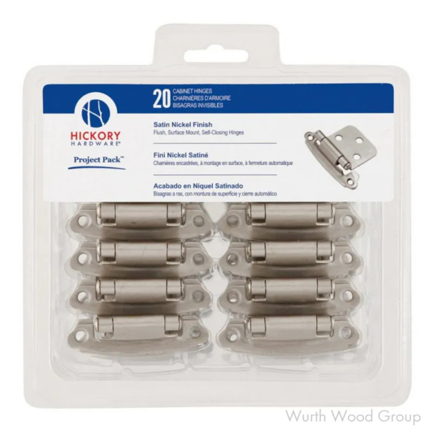 Hickory Hardware Self-Close Variable overlay Face Mount Hinge, Screw-on Satin Nickel - VP244-SN, (10 PR/PK, 5 PKS/BX) | VP244-SN