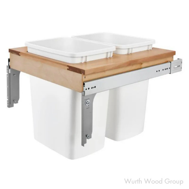 Rev-A-Shelf 4WCTM 21" Maple 2-35 Quart Top-Mount Waste Pullout with White Bins and Standard Slides, 4WCTM-24DM2 | 4WCTM24DM2