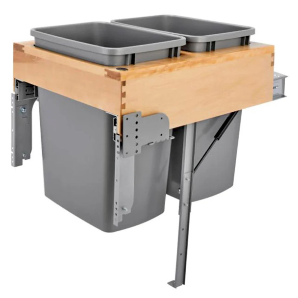 Rev-A-Shelf 4WCTM 18-1/4" Maple 2-35 Quart Top-Mount Waste Pullout with Silver Bins and Soft-Close Slides, 4WCTM-RM-2135DM-2, 18 1/4"W x 21 3/4"D x 21"H | 4WCTMRM2135DM2