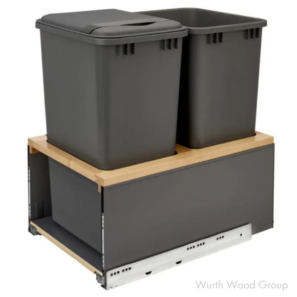 Rev-A-Shelf 5LB 16-1/2" Maple Bottom Mount Waste Pullout with 2-50 Quart Orion grey Bins Soft-Close, 5LB-1850OGMP-213, DOUBLE 50QT | 5LB1850OGMP213