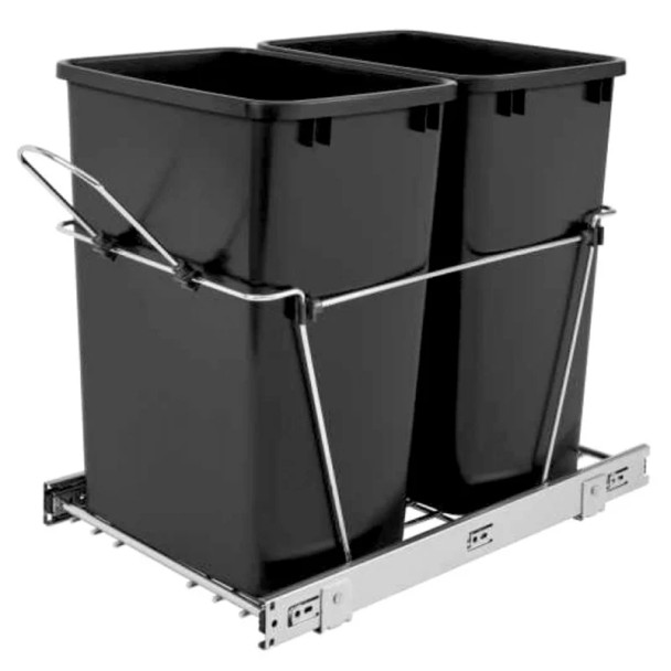 Rev-A-Shelf RV 14" Chrome Bottom Mount Waste Pullout with 2-35 Quart Black Bins Standard, RV-18KD-18C S, 14-3/8"X22X19, 14-3/8" (365mm) W x 22" (559mm) D x 19-1/4" (489mm) H | RV18KD18CS