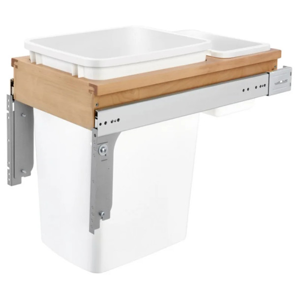 Rev-A-Shelf 4WCTM 12" Maple 1-35 Quart Top-Mount Waste Pullout with White Bin and Standard Slides, 4WCTM-12DM1, 35QT, 12" (305 mm) W x 22-1/8" (562 mm) D x 17-7/8" (454 mm) H | 4WCTM12INDM1