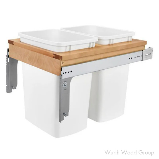Rev-A-Shelf 4WCTM 17-3/4" Maple 2-35 Quart Top-Mount Waste Pullout with White Bins and Standard Slides, 4WCTM-21DM2-162, 35QT | 4WCTM21DM2162