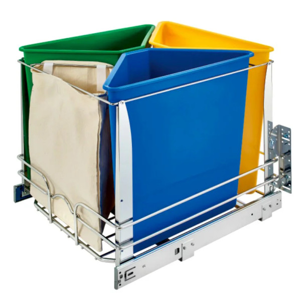 Rev-A-Shelf 5BBSC 20" Bottom Mount Waste Pullout with 3-25 Quart Yellow/Blue/Green Bins Soft-Close, 5BBSC-WMDM24-C | 5BBSCWMDM24W