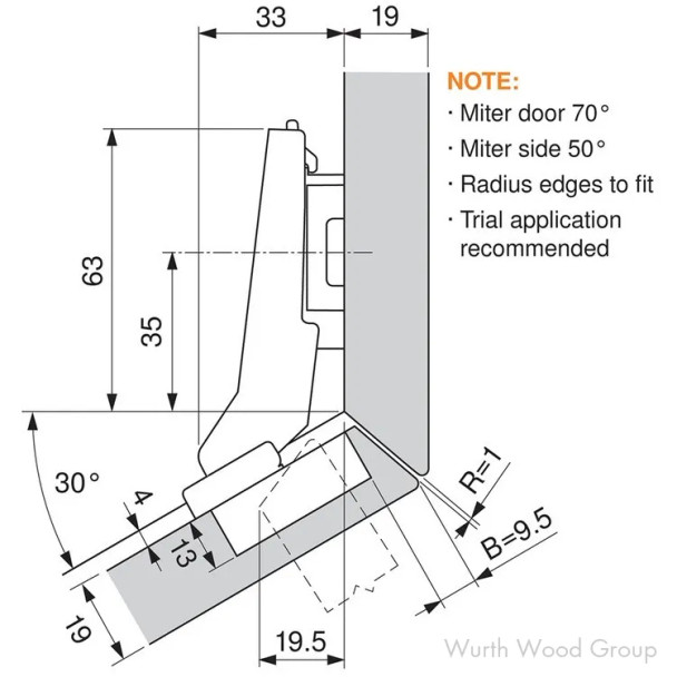 Blum CLIP Top Inserta Self-Close Half Overlay 30° Angle Face-Frame;Frameless Hinges Nickel, 95° Toolless - 79B9596, +30 DEGREE II | 79B9596
