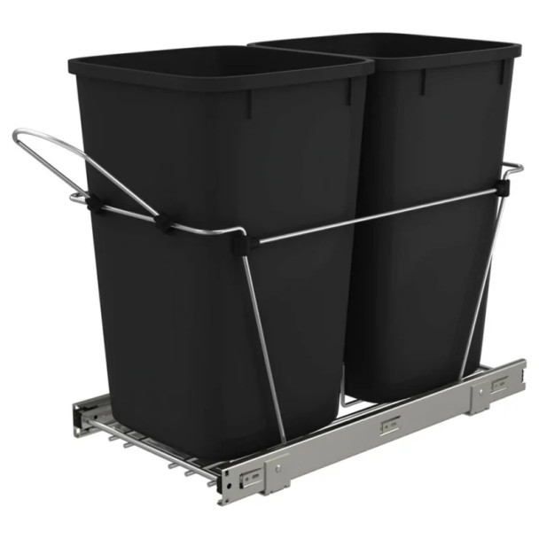 Rev-a-Shelf Pullout Waste Containers - Black/Chrome, 11-13/16" (300mm) W c 22-1/4" (565mm) D x 19-1/4" (489mm) H | RV15KD18CS