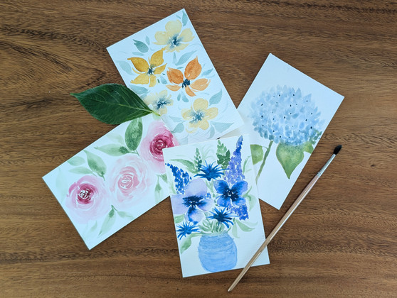Hand Painted Floral Watercolor Postcards - 4 Pack (10)