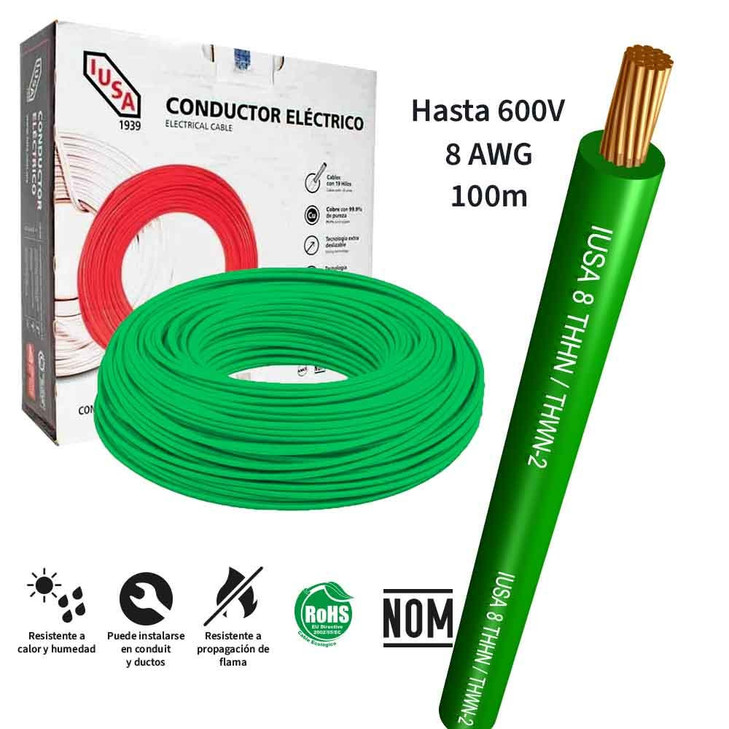 Cable THW-LS/THHW-LS CE RoHS 8 AWG IUSA, en caja color verde