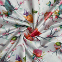 Tropical Floral Bird Digital Print Satin Brocade Fabric, White