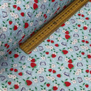 Red Strawberries & Butterfly Floral Polycotton Dress Fabric, Sky