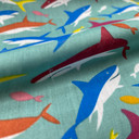 Sharks And Fishes Printed Polycotton Fabric, Ocean Green