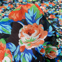 Orange Floral Roses Print Crepe Chiffon Fabric, Black