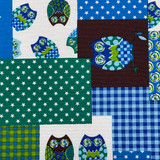Owls Patchwork Squares Craft Cotton Print Fabric. Blue/Green
