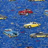 Vintage Cars Paris Map Cotton Fabric, Blue
