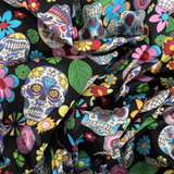 10m Sugar Skulls Tattoo Day Of the Dead Cotton Fabric, Black