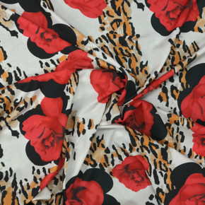 Leopard Spots And Roses Print Crepe Satin, White
