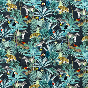 Tropical Palm Trees Animals Digital Cotton Craft Fabric 140cm Wide, Black