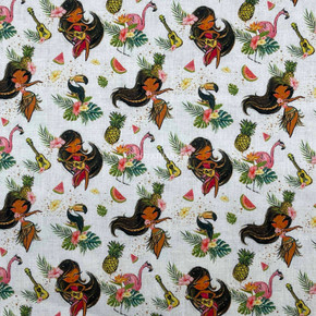 Tropical Girls Flamingo Birds Digital Cotton Craft Fabric 140cm Wide, Ivory