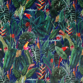 Rainforest Tropical Digital Print Plush Velvet Curtain Fabric, Navy