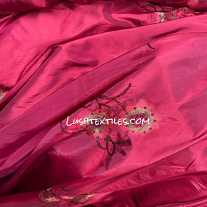 Floral Flower Sequin Taffeta Fabric, Red