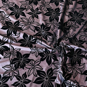 UK Wholesaler Dress fabrics, Black Flower Velvet Flock Taffeta Fabric, Aubergine