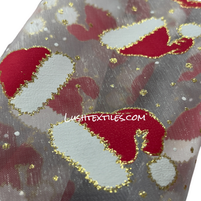 Christmas Glitter Organza Voile Fabric, Santa Hats