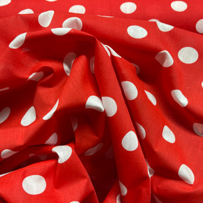 White Polka Dot Spots Printed Polycotton Fabric, Red