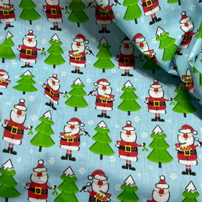 Santa & Christmas Trees Polycotton Fabric, Sky Blue