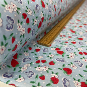 Red Strawberries & Butterfly Floral Polycotton Dress Fabric, Sky