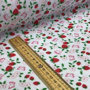 Red Strawberries & Butterfly Floral Polycotton Dress Fabric, White